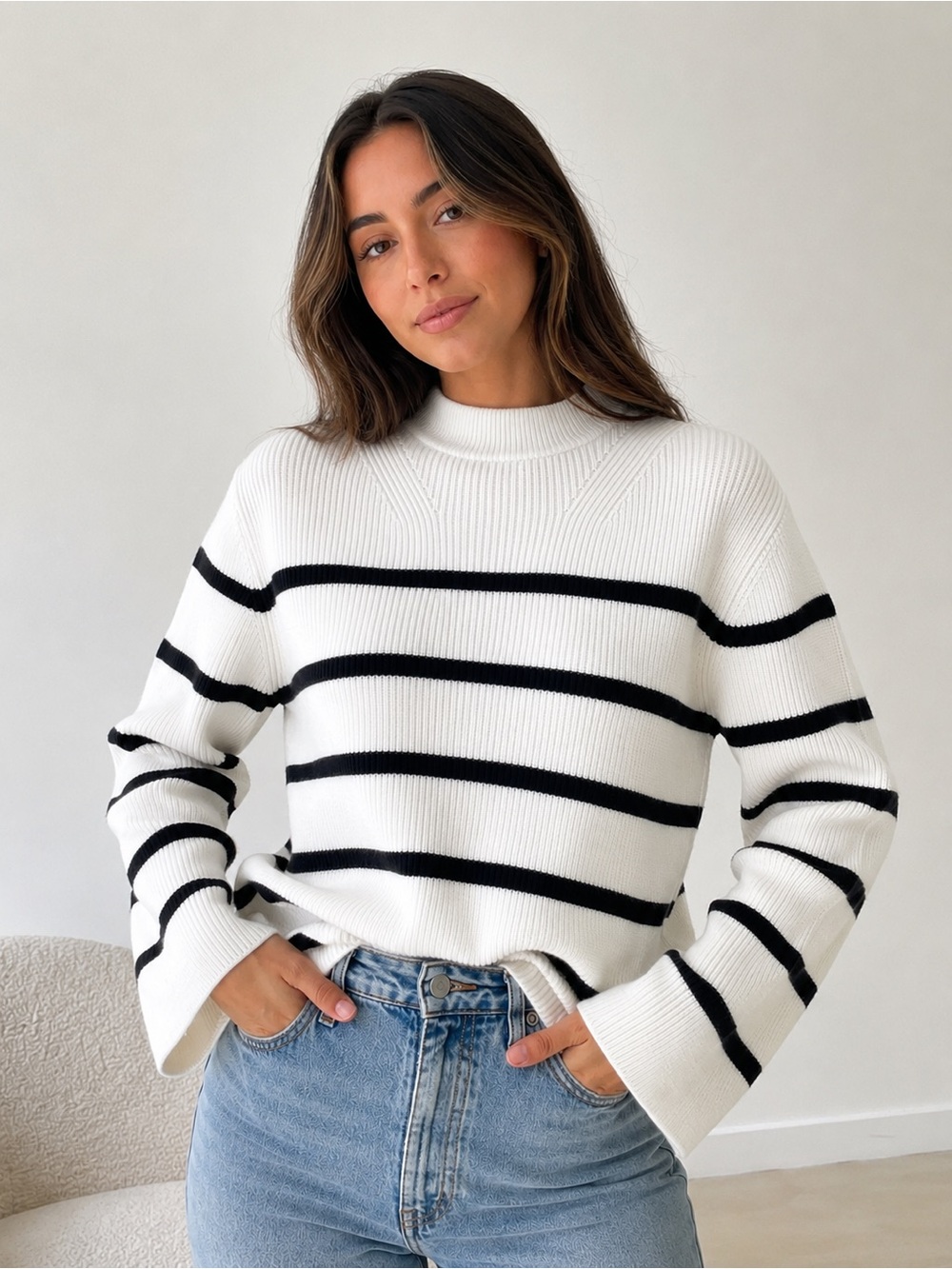 Zara Knit Striped Sweater Women’s Medium Cream Black Ribbed Mock Neck Soft Cozy